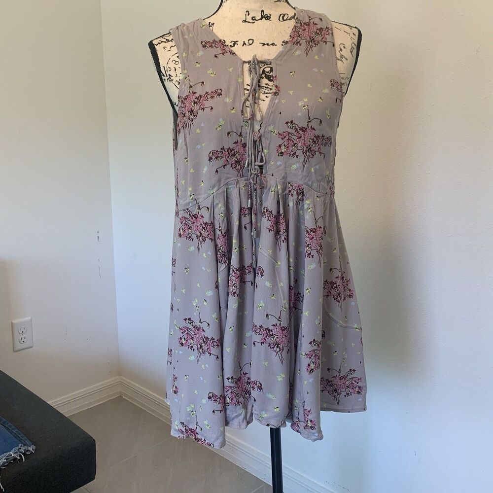 Free People Babydoll Empire Waist Mini Dress Gray and Purple Floral Size Small